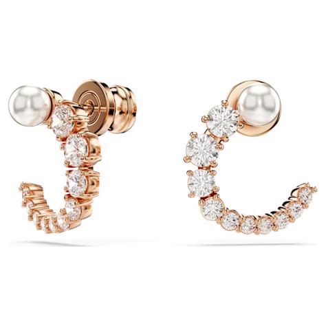 Matrix hoop earrings, Crystal pearl, Round cut, White, Rose gold-tone ...