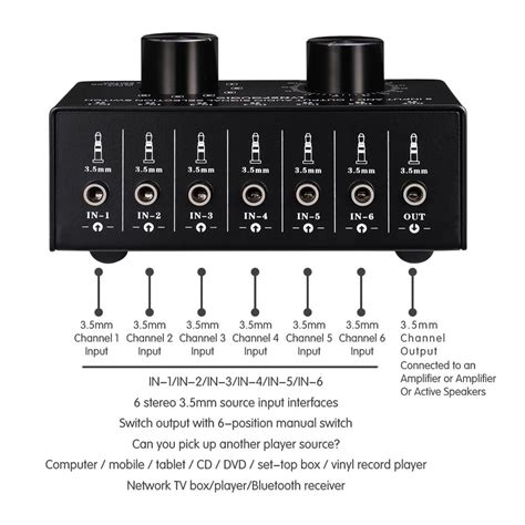 6 Input 1 Output Audio Signal Selection Switcher Volume Control 3.5mm ...