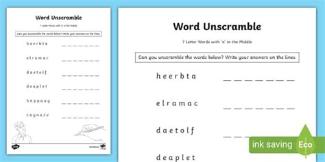 Unscramble the 7 Letter Words with 'a' in the Middle Worksheet