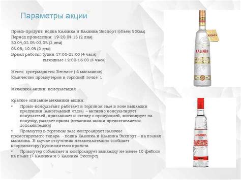 Параметры акции Промо-продукт водка Калинка и Калинка Экспорт