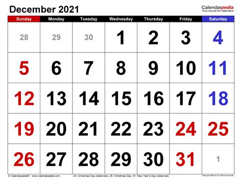 December 2021 Calendar | Templates for PDF, Excel and Word
