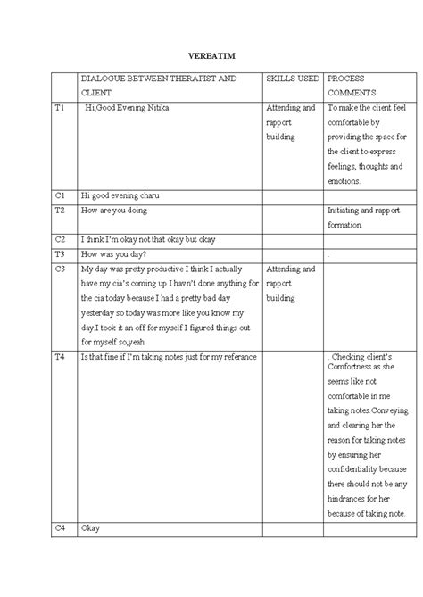 Verbatim 2 - note - VERBATIM DIALOGUE BETWEEN THERAPIST AND CLIENT ...