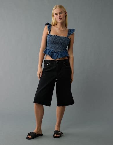 Buy American Eagle Women Blue Bella Smocked Square Neck Crop Top Online ...