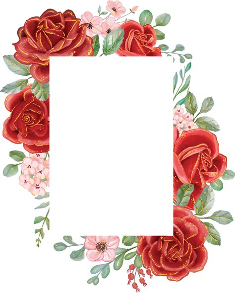Red Rose with Gold Line Watercolor floral rectangle frame. Luxurious floral elements, botanical ...