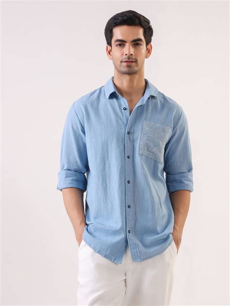 Blue Dyed Band Collar Long Sleeve Cotton Men's Shirt – Truloom.in