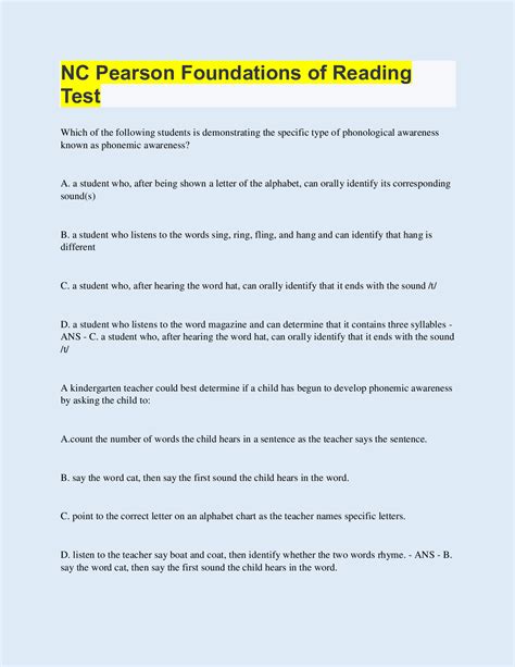 NC Pearson Foundations of Reading Test | 100 Questions with 100% Correct Answers | Updated ...