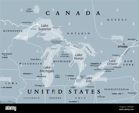 Great Lakes of North America, freshwater lakes, gray political map Stock Vector Image & Art - Alamy