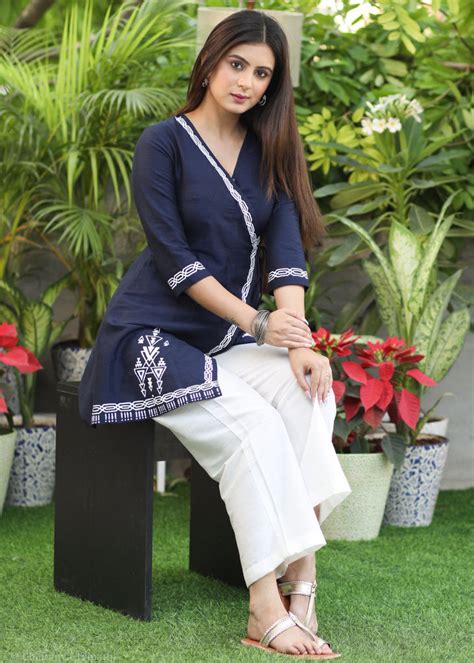 Stylish Navy Blue Cotton Silk Hand Painted Tunic with White Bottoms ...
