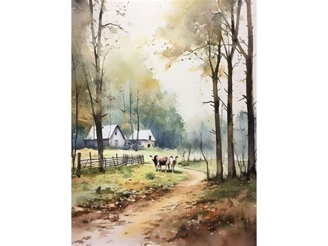 Buy Berkshires Painting Farm Scene Watercolor Art Print Forest ...