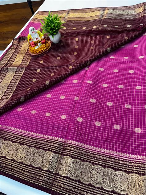 Mysore Crepe Silk Saree with Chex Pattern & Elephant Border ...