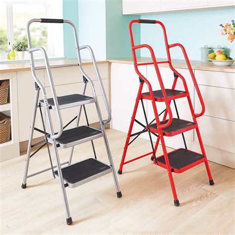 3 Step Safety Ladder: anti-slip treads & feet - easy storage