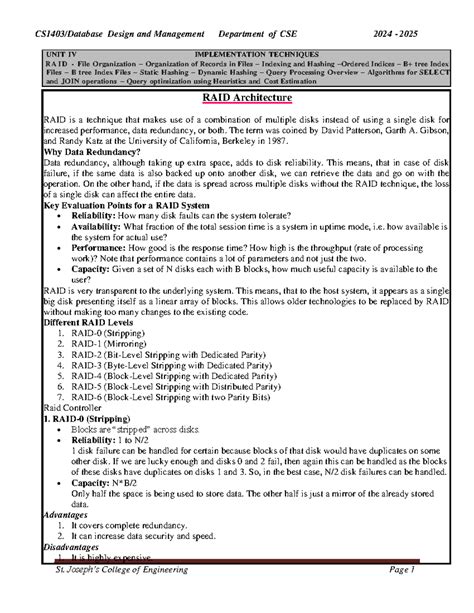 Unit IV DBMS: Implementation Techniques, RAID, and File Organization ...