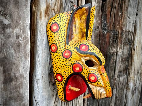 Carved Painted Vintage Mexican Wooden Mask of Jaguar Tigre, Mexico Folk ...