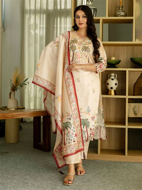 Embroidered Cotton Blend Kurta With Pants & Dupatta – Meenabazaar