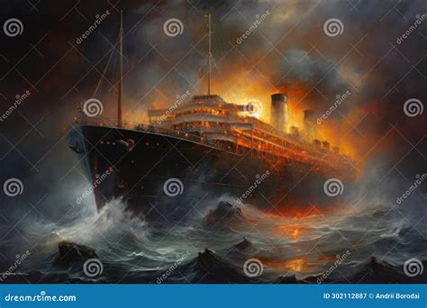 Maritime Catastrophe: Burning Cruise Ship Amidst Ocean Maelstrom. Stock ...