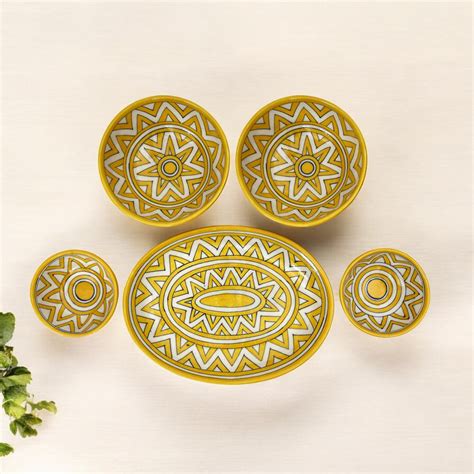 Yellow Geometric Oval Platter & Bowl Set – Handcrafted Jaipur Blue Pot ...