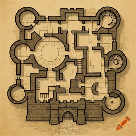 Top-down fantasy castle floor plan map in hand-drawn style on Craiyon