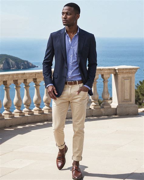 Navy Blazer with Striped Shirt and Beige Trousers | Hockerty