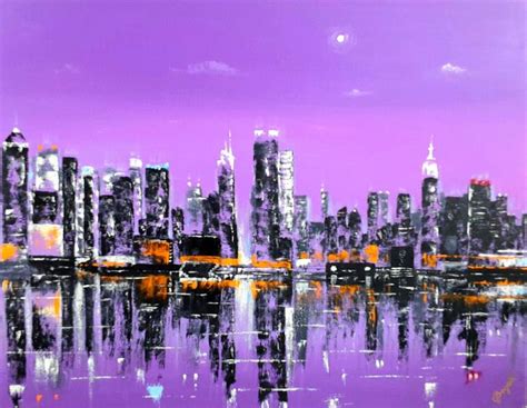 Large original colorful oil painting on canvas panel. Night Manhattan ...