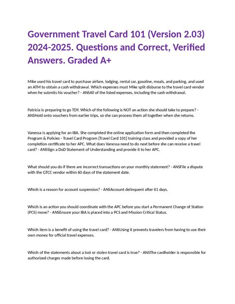 Government Travel Card 101 (Version 2.03) 2024-2025. Questions ...