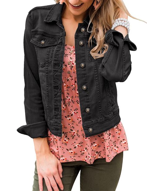 LookbookStore Women's Black Denim Jackets for Casual Long Sleeves ...