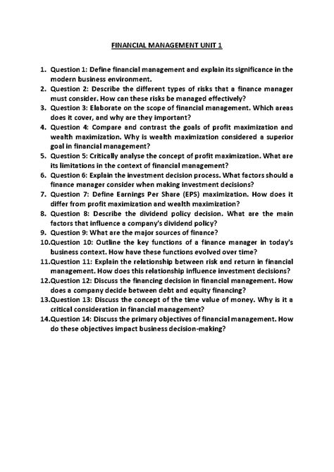 Financial Management UNIT 1 Assignment Question - FINANCIAL MANAGEMENT ...