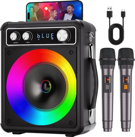 Karaoke Machine, Portable Bluetooth Speaker with 2 Wireless Microphones ...