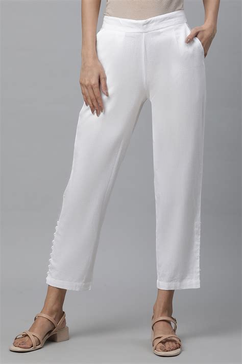 Buy White Solid Straight Fit Cotton Trousers With Button Detail Online ...
