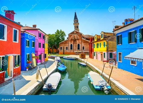 Venice Landmark, Burano Island Canal, Colorful Houses, Church and Boats ...