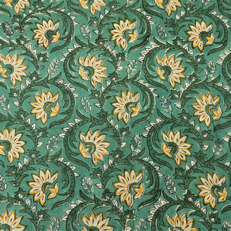 Pure Cotton Jaipuri Green With Light Yellow Flower Creeper Hand Block ...