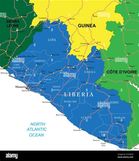 Highly detailed vector map of Liberia with administrative regions, main ...