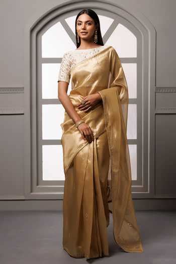 Buy Beige Brocade, Floral Placement Embroidered Saree With Unstitched ...