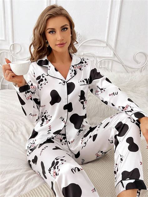 Letter Cow Print Contrast Piping Satin PJ Set / Pajama Set for Sale ...