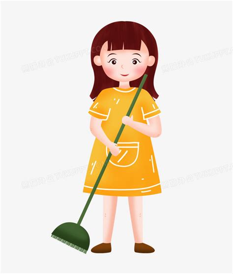 手绘卡通拿着扫把扫地的女孩PNG图片素材下载_女孩PNG_熊猫办公