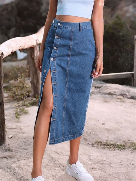 Button Front Longline Denim Skirt | Denim skirt women, Denim skirt, Skirts