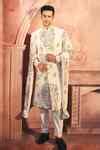 Buy Off White Polyester, Viscose, Satin Floral Embroidered Sherwani ...