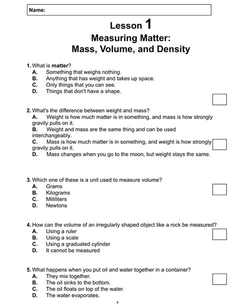 Science Reading Passage 1: Measuring Matter: Mass, Volume, and Density ...