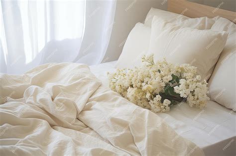 Premium AI Image | Cozy home bed with white sheets