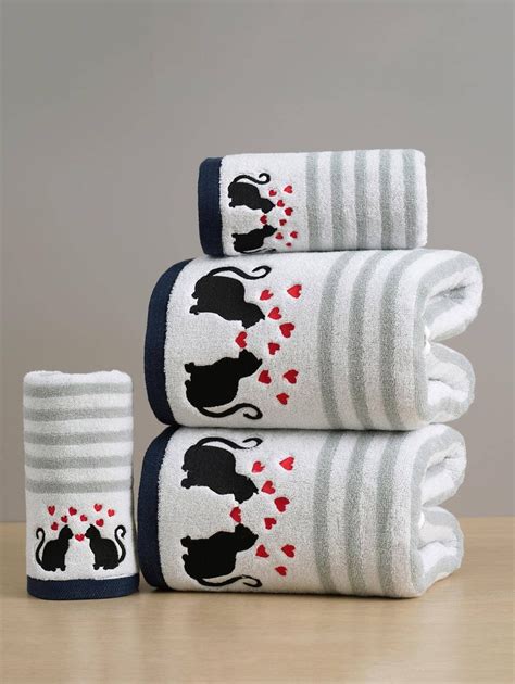QIBHI 1/2/3pcs Cartoon Embroidered Bath Towel Or Face Towel, Striped ...