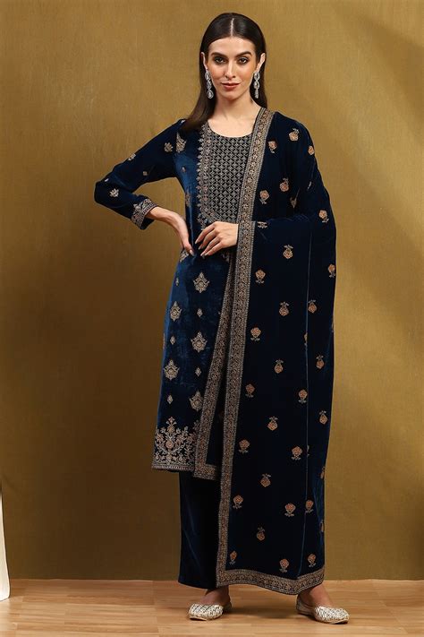 Blue Velvet Embroidered Straight Suit Set KURTA,PALAZZO,DUP at Biba Global