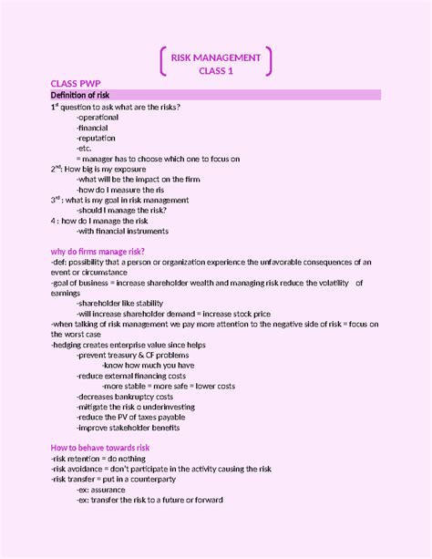 Master doc - notes class 1 -6 - RISK MANAGEMENT CLASS 1 CLASS PWP ...