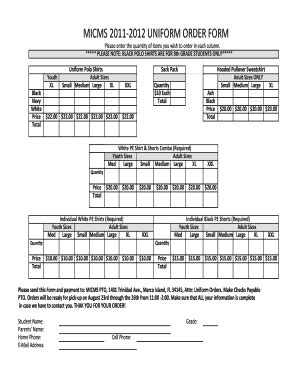 Fillable Online BMICMSb Uniform Order Form bMICMSb 2011-2012 UNIFORM ...