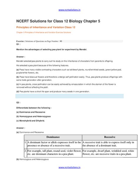 Chapter 5 principles of inheritance and variation - Answer : Mendel ...