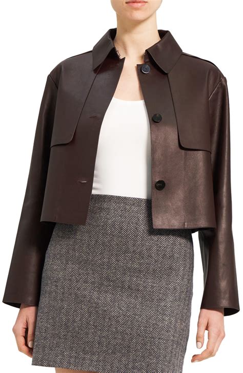 Theory Crop Leather Trench Coat in Brown | Lyst