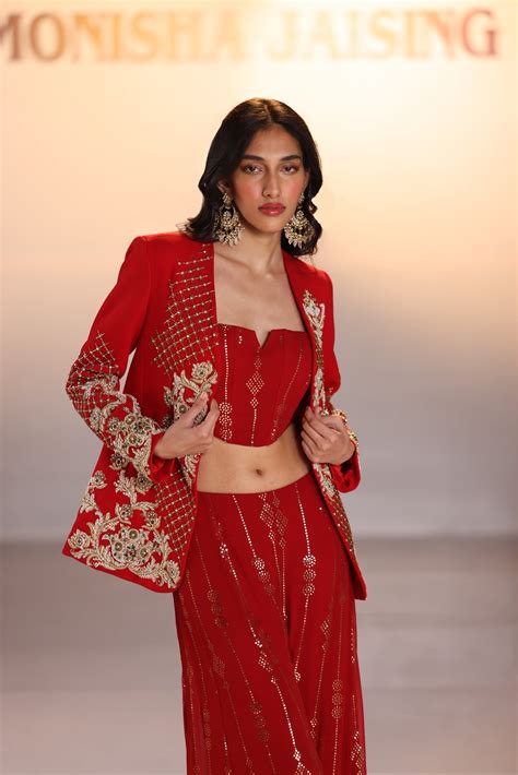 Red Pearl Blazer Sharara – Monisha Jaising