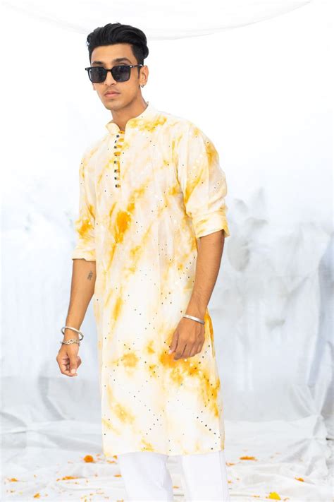 VISION KURTA FUCHSIA YELLOW SILK TIE & DYE KURTA PAJAMA SET FOR MEN'S ...