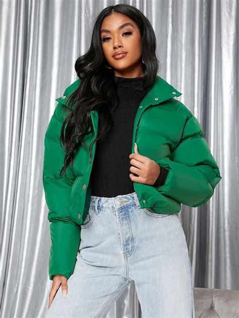 SHEIN Solid Single Button Placket Puffer Coat | Puffer jacket outfit ...
