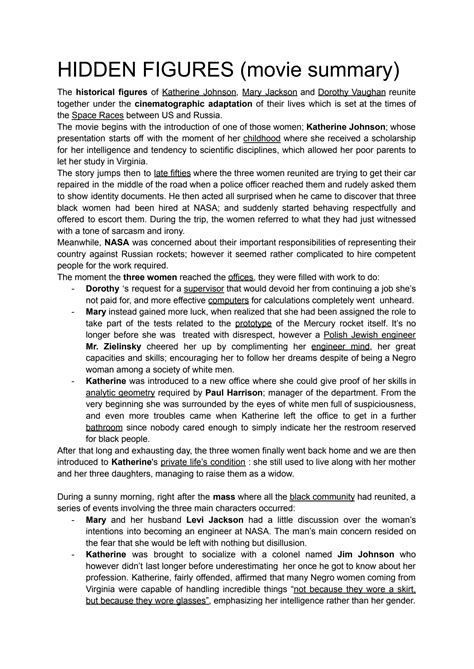 SOLUTION: Hidden figures movie summary - Studypool