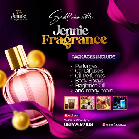 the advertisement for jeaniefragrance perfumes includes pink and purple colors, gold accents
