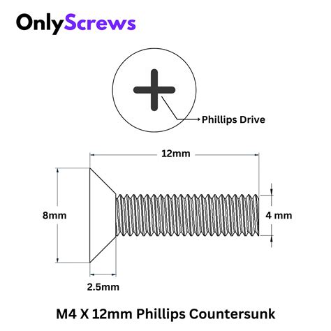 M4 X 12mm Phillips CSK SS 304 Screw (Dia. 4mm, Length 12mm) – OnlyScrews